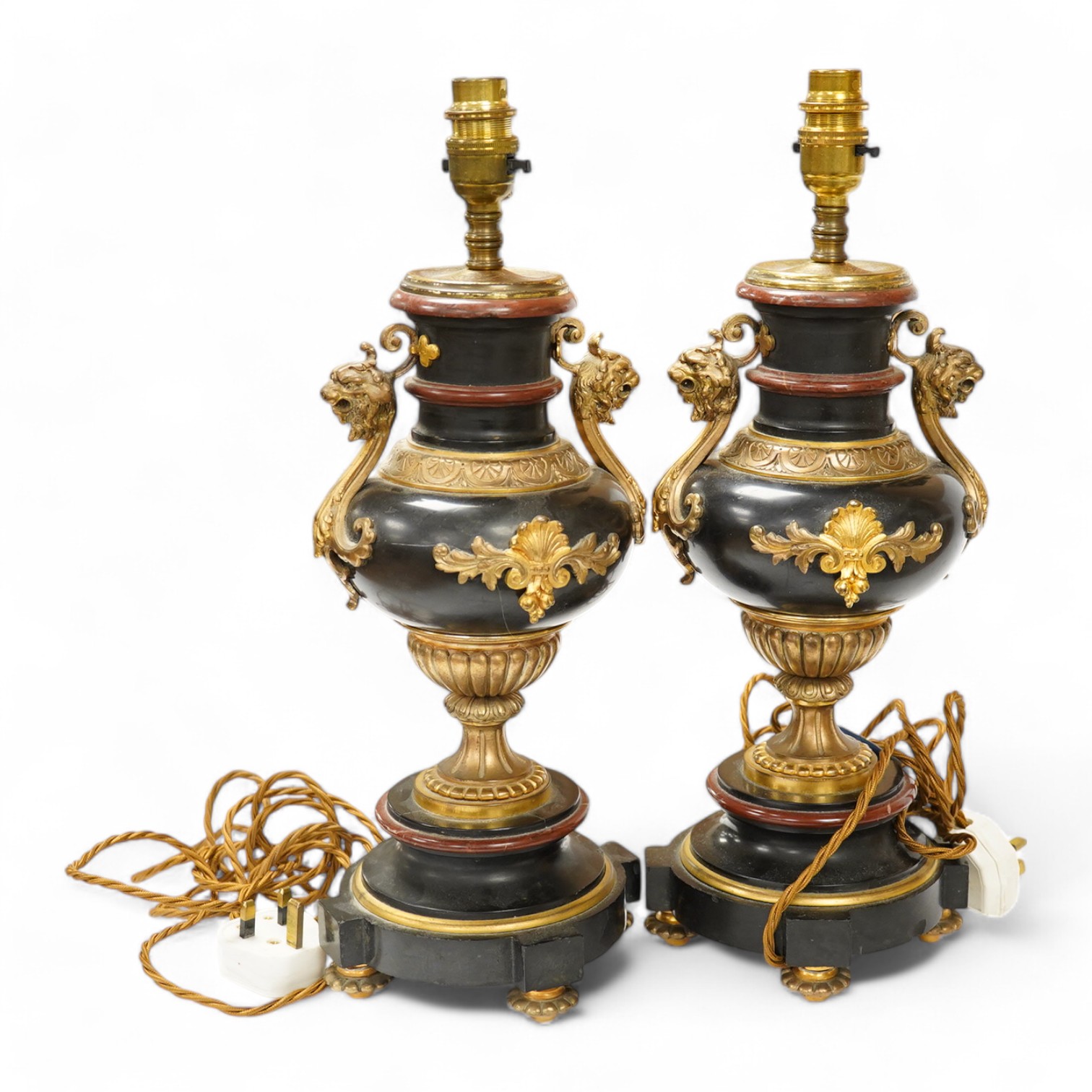 A pair of ormolu, rouge and black marble table lamps, 42cm including fitting. Condition - good